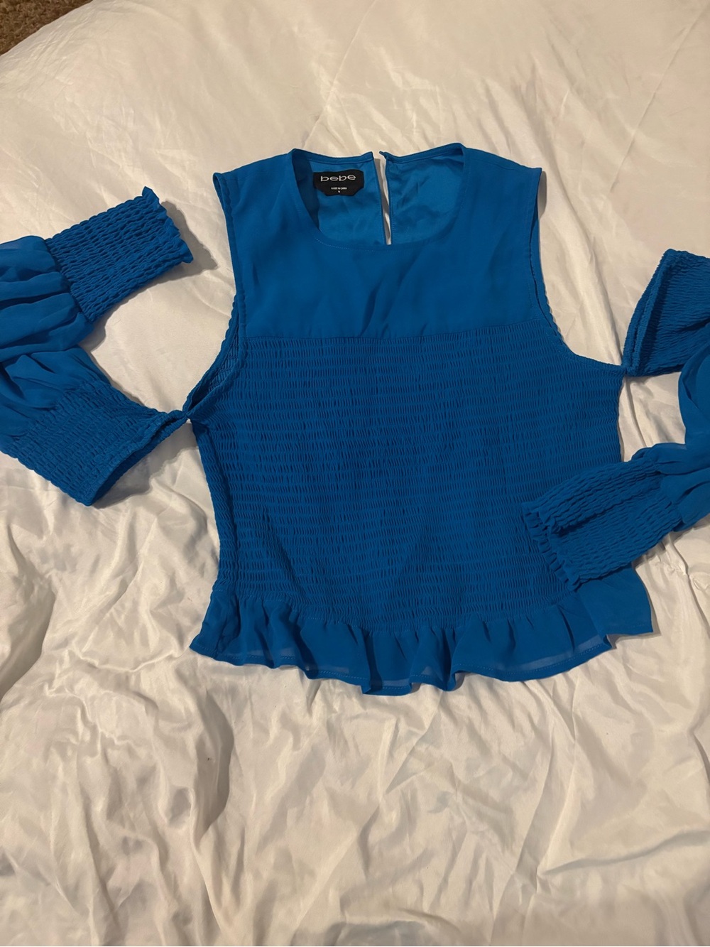 bebe Cobalt Blue Smocked Chiffon Blouse with Detachable Sleeves